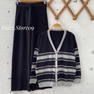 ONESET AVIKA CATOON CARDIGAN MOTIF STRIPE SETELAN CELANA KULOT RAJUT PREMIUM WANITA LENGAN PANJANG