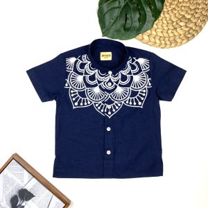 Bronkis Junior Kemeja Anak Laki Laki Desain Kemko Lengan Pendek Linen Warna Navy Motif untuk usia 0-6 tahun