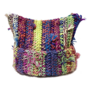 Playfulness Cats Ear Hat with Tassels Mixed Color Fringed Pullover Hat for Fall Winter Outings