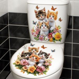 W5YR Waterproof Cat Toilet Stickers Self Adhesive Cute Cat Pattern Cat Wall Decals Gifts Butterfly Accents Toilet Decals Bathroom Wall Stickers