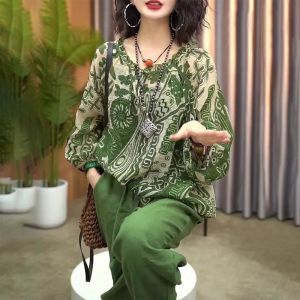 TTQQ Retro Fashion Print Cropped Sleeve Top Woman