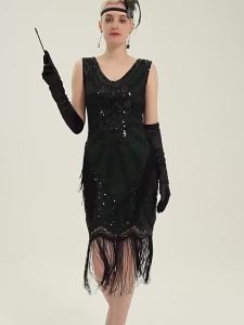 1920 Vintage Sequins Dress Womens V Neck Tank Top Tassel Dress Elegant Party Evening Dress Great Gatsby Flapper Costume