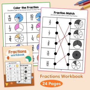 DOWNA 24 trang Sách bài tập về phân số Montessori Sách bài tập Lớp 3-4 Dụng cụ hỗ trợ giảng dạy toán học Tiện lợi Phân số cơ bản Đào tạo nhận thức toán học