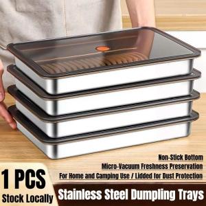Stainless Steel dumplings Box With Plastic Lid & breathable holes Reusable seal Tray Food Storage Boxes fresh box crisper