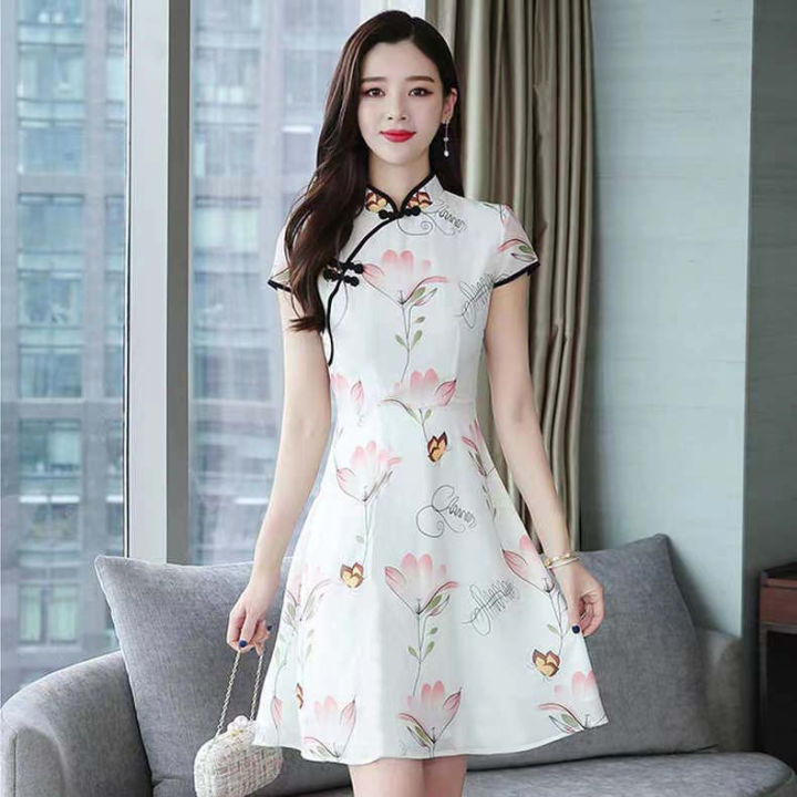 Printed Dress Women Retro Cheongsam Short Sleeve Chinese Style