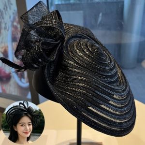 MAYIT Trang trí nơ Mũ đội đầu bằng lưới Kiểu băng đô Vành rộng 9cm Mũ dự tiệc trà dành cho nữ Phong cách Pháp cổ điển Thoáng khí Mũ đội đầu cô dâu Sự kiện cưới