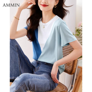 Ammin 2023 thời trang mới mùa hè Đơn Giản Phù Hợp Nối Màu Sắc Va Chạm Mỏng Ngắn Tay T-Shirt Cho Phụ Nữ