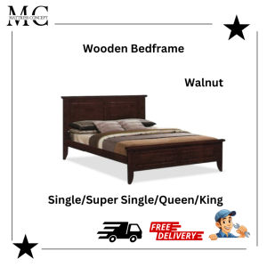 【LOCAL SELLER】 ROCEY WALNUT SOLID RUBBER WOODEN BEDFRAME SINGLE/SUPER SINGLE/QUEEN/KING ( FREE DELIVERY & INSTALLATION)
