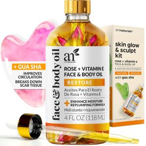 ArtNaturals Face & Body Vitamin E  Oil 4.0oz + Gua Sha Facial Tools Set - Organic Moisturizer Skincare for Scars Stretch Mark  & Nails - Great Massage oil for Massaging Joint & Muscle
