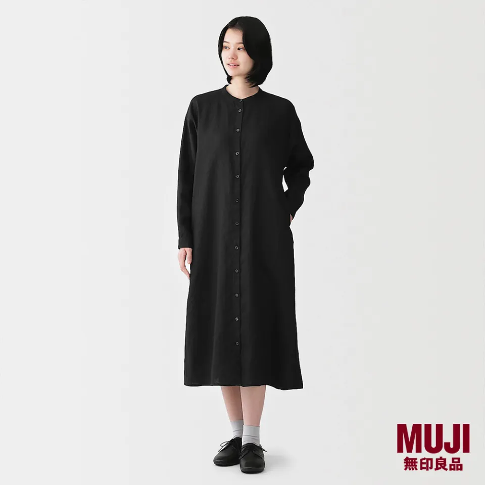 muji linen dress Ladies' Washed Linen Long Sleeves Shirt Dress