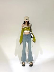 COD 145 Lelaki Kecil XS Kod Seluar Jeans Weila Wanita Musim Bunga dan Musim Luruh a Baru Pinggang Tinggi Tepian Bergerigis Seluar Pembesar Suara Lapan Puluh Sembilan Mata  Sem