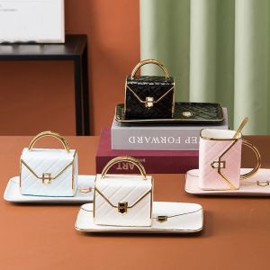 310ML Creative Bag Shaped Dessert Ceramic Plate Net Red Tracing Gold Coffee Cup and Plate Set Business Gift Mug