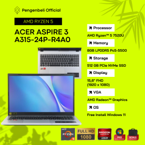 AMD RYZEN 5 7520U | Acer Aspire 3 A315-24p-R4A0 | Ram 8GB | SSD 512GB | 15.6" FHD | Free Install Win 11 | Garansi 1 Tahun | Pure Silver