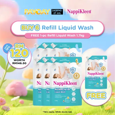 [Payday Exclusive] Nappikleen Anti-Bacterial Baby Liquid Wash Refill Pouch 1.7kg x6 + Nappikleen Anti-Bacterial Liquid Wash Refill 1.7kg