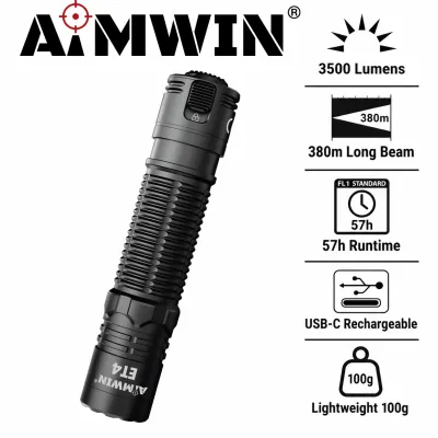 AIMWIN ET4 3500 Lumens Compact Tactical Flashlight USB-C Rechargeable LED Torch EDC Pocket Light 380m Long Beam IP68 Waterproof 3800mAh Battery Search Turbo Mode Outdoor Camping Hiking Emergency Work Light for Car Home Travel