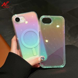 For iPhone16 E Case Transparent Gradient Color for Magsafe Cases for iPhone 16e SE4 Luxury Aurora Laser Magnetic Charging Cover