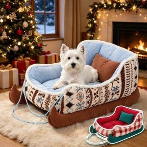 CHUN053634 Warm Plush Christmas Sled Dog Bed Skin-Friendly Non-Slip Base Warm Dog Nest Soft Velvet Sleigh Pet Sofa Christmas Holiday