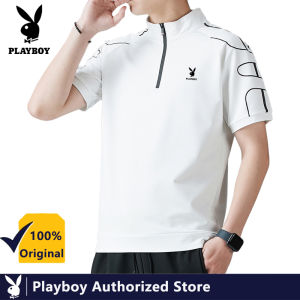 PLAYBOY Summer Mens Stand Collar Sports T-shirt Solid Color Cotton Large Size Casual Korean Version Shows Temperament Short Sleeves