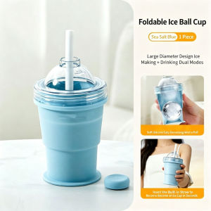 Keranixy  Foldable Ice Ball Maker Cup Food Grade Silicone Large Straw Direct Drink Water Bottle Travel Tumbler Cawan Ice