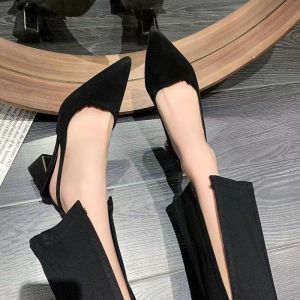 French pointed head back hollow one word strap black sandals versatile thick heel temperament womens shoes
