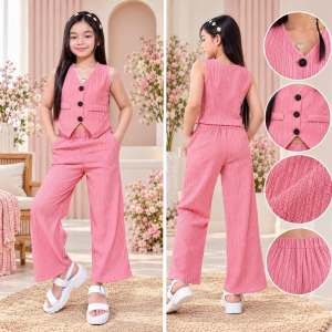 Ruby Chic Button Vest & Wide-Leg Pants Set for Girls aged 7 to 10 years.