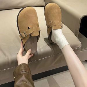 New Autumn And Winter Cork Thick-Soled Closed-Toe Slippers For Women Fashionable And Versatile Suitable For Outdoor Wear Flat-Soled Half-Closed Slippers For Women