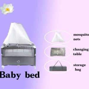 Multifunctional Baby Crib Foldable Baby Bed With Diaper Table Cradle Rocker Kid Game Bed Newborn Baby Crib With 2 Wheels Double-layer Crib