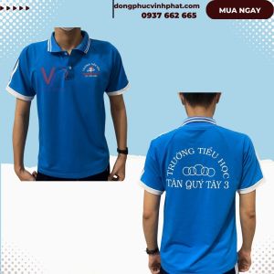 Áo Thun Thể Dục Trường Tiểu Học Tân Quý Tây 3 Cổ Bẻ Màu Xanh Vải Đẹp Mát Chất Lượng - Hình thật