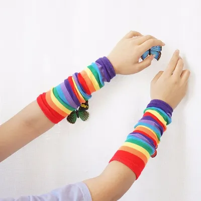 HUNIU SHOP Soft Outdoor Sun Protective Girls Hand Sleeve Thin Female Arm Warmers Knitting Gloves Striped Arm Warmers Rainbow Sleeve Cuff