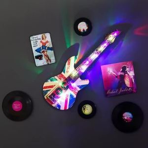 FFBH Vintage Wall Accents Large Creative Iron Guitar Shape Led Lights Wall Decoration Art Bar Music Room Home Decoration Crafts 7P3H9