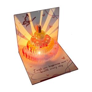 3D Popping Up Birthday Card with Music and Light Creative Cake and Butterfly Design Greeting Card Set for Party Gift