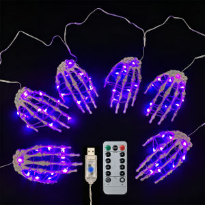 Creepy Skeleton Hand Halloween String Lights Purple 60 LED USB Powered Fairy Lamp with Remote Timer 8 Modes for Indoor Room Outdoor Yard Spooky Festival Ornaments