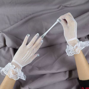 Elegant Ladies Short Lace Gloves Hollow Sheer Fishnet Black White Prom Party Gloves Females Fashionable Soild Color Mittens