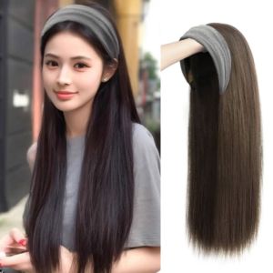 RETAO Hair Hoop Gray Wide Knit Headband Wig Clip in Korean Style Half Headband Wig Heat Resistant Fiber Fake Hair Long Straight Hair Women