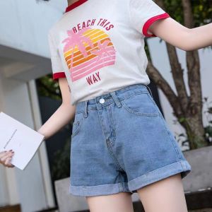 DSF Studio high waist black denim shorts female summer student curled edge loose and thin a-shaped wide-leg pants hot pants Korean version tide