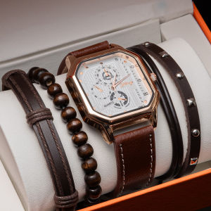 4PCS Mens Watch Set Fashion Casual Stainless Steel Three-dial Quartz Watch With Bracelet&Gift Box -Perfect Gift For Him