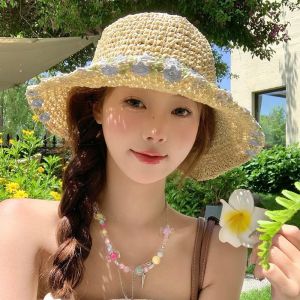 Flower Sun Straw Hat Foldable Sun Protection Hat Summer Beach Woven Straw Hat Outdoor Beach Travel Cap