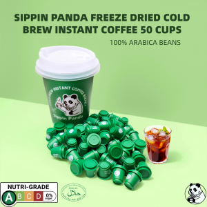 Sippin Panda Cold Brew Freeze Dried Instant Coffee 100% Arabica Dark Roast Family Size Bucket 50 Cups