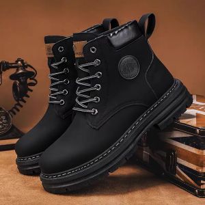 Leather Ankle Boots for Men - High Cut Black Boots with Yellow Accents - Boy Footwear