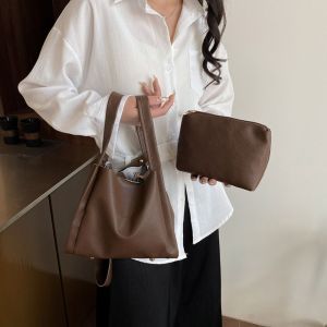 CRNGW 2pcs/set หลากหลาย กระเป๋าถือแบบบัคเก็ต สีพื้น หนัง PU กระเป๋าใต้แขน ความผ่อนคลาย หรูหรา กระเป๋าสะพายข้าง รายวัน