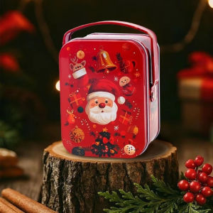 Cute Santa Christmas Tin Box With Handle Metal Tinplate Candy Jar Holiday Festival Gift Ornament Storage Box