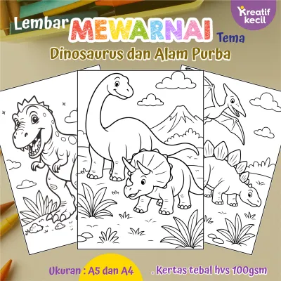 50 gambar Mewarnai kertas gambar untuk anak laki-laki / perempuan Tema Dinosaurus dan alam purbakala - ukuran a4 dan a5 HVS 100 gsm