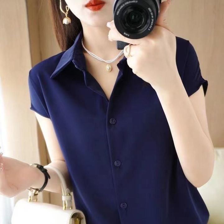 POLO Collar Acetate Silk Satin Chiffon Shirt 2023 Summer New