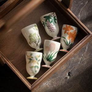 仿古草木黄手绘葫芦杯功夫茶具釉下彩桂花玉兰百合葡萄郁金香茶杯