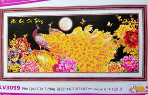Tranh thêu chữ thập con công Phú quý cát tường (chưa thêu) LV3099