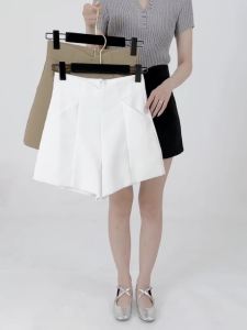 AMMIN 2024สูทสีทึบเอวสูงกางเกงขาสั้นสำหรับผู้หญิงกางเกงขากว้างทรงเอสำหรับฤดูร้อน