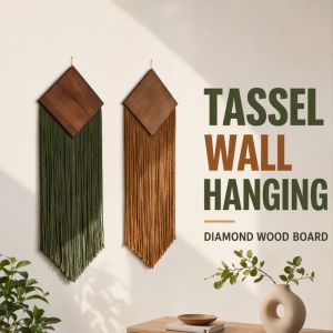 Macrame Wall Hanging Hand Woven Cotton Tassel Boho Tapestry Diamond Wood Board Home Decor