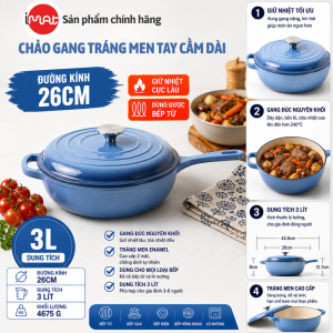 Chảo Gang Tráng Men Imat Sâu Lòng 26cm Tay Cầm Dài - Giữ Nhiệt Lâu Nấu Ngon Hơn Mỗi Ngày