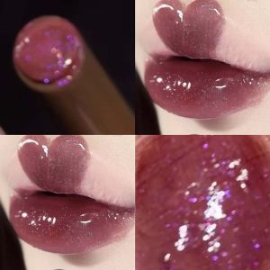 HBESTY Mirror Glass Solid Lip Gloss Moisturizing Non-stick Cup Plumping Mirror Water Clear Dark Purple Fine Shimmer Jelly Lipstick Tint
