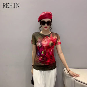 REHIN Womens top summer fashion mesh smudge print short sleeve T-shirt round neck slim and thin blouse